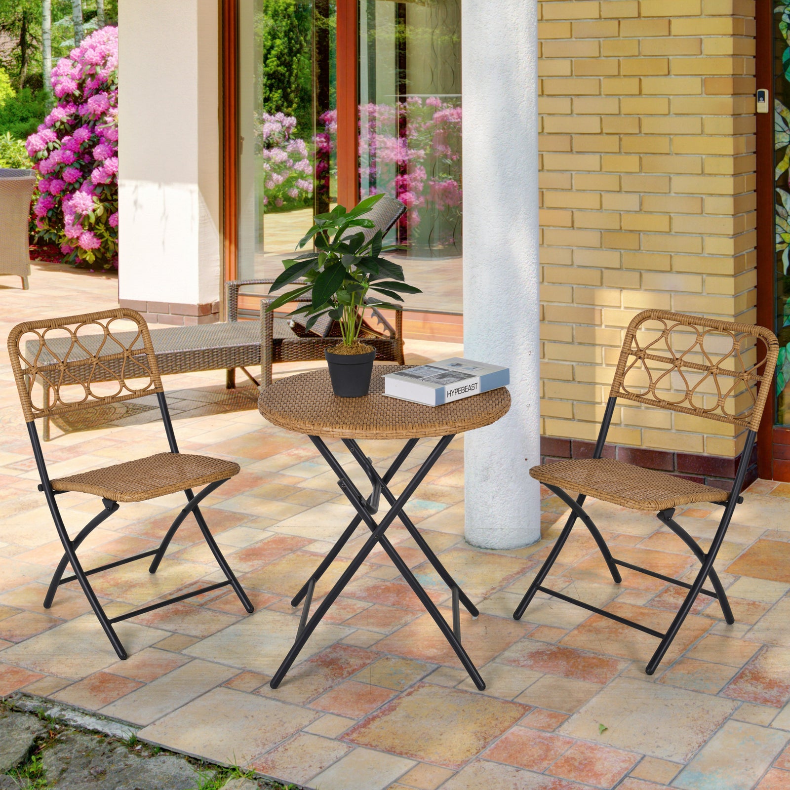 3 Pcs Folding Rattan Wicker Bistro Set, Coffee Table Set | Natura