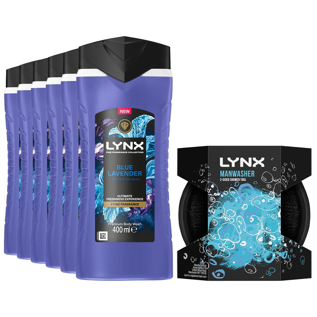 Blue Lavender Body Wash 6x 400ml With 2-sided Manwasher Shower Tool For Men | Set of 6