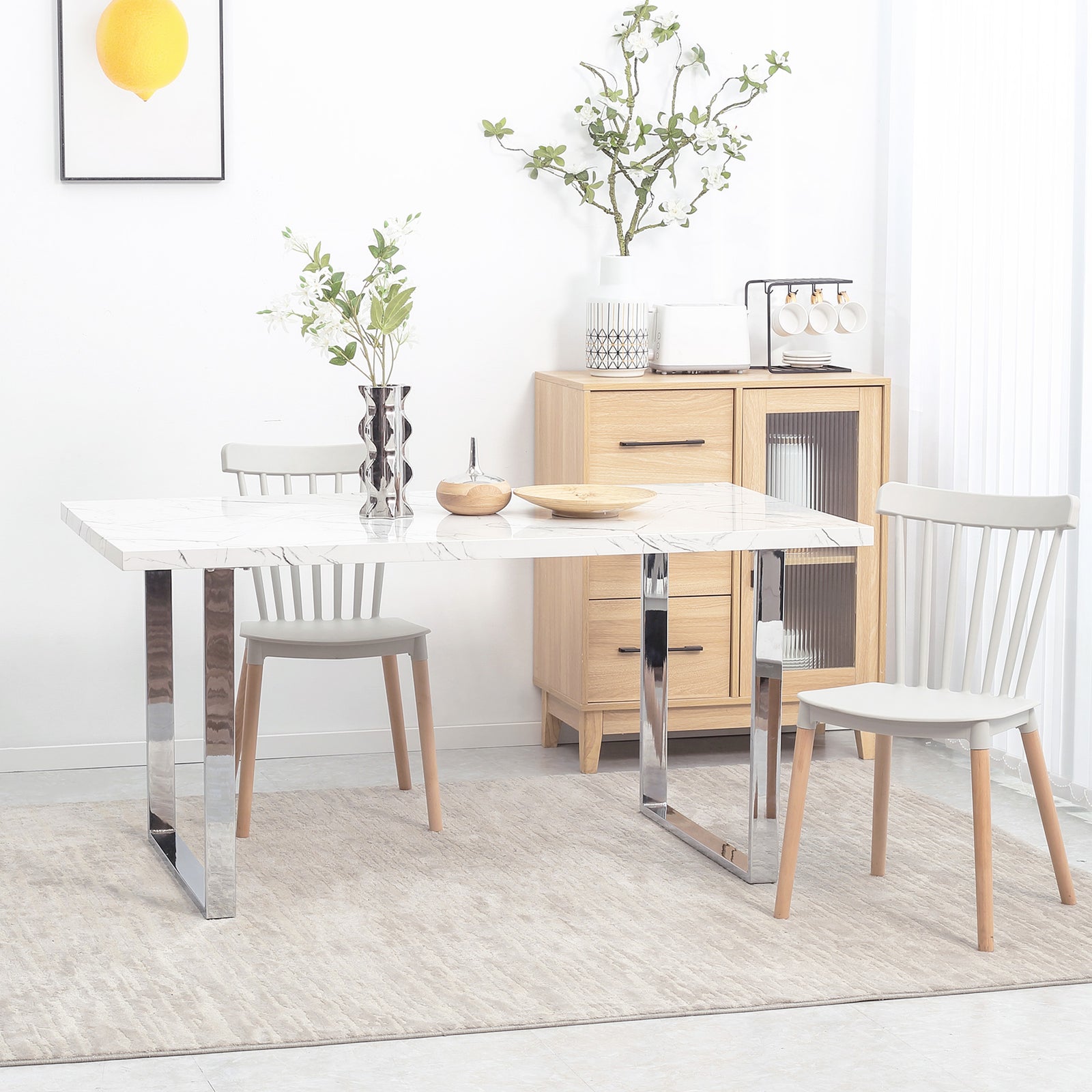 Modern Dining Table With Marble Effect Top Steel Legs