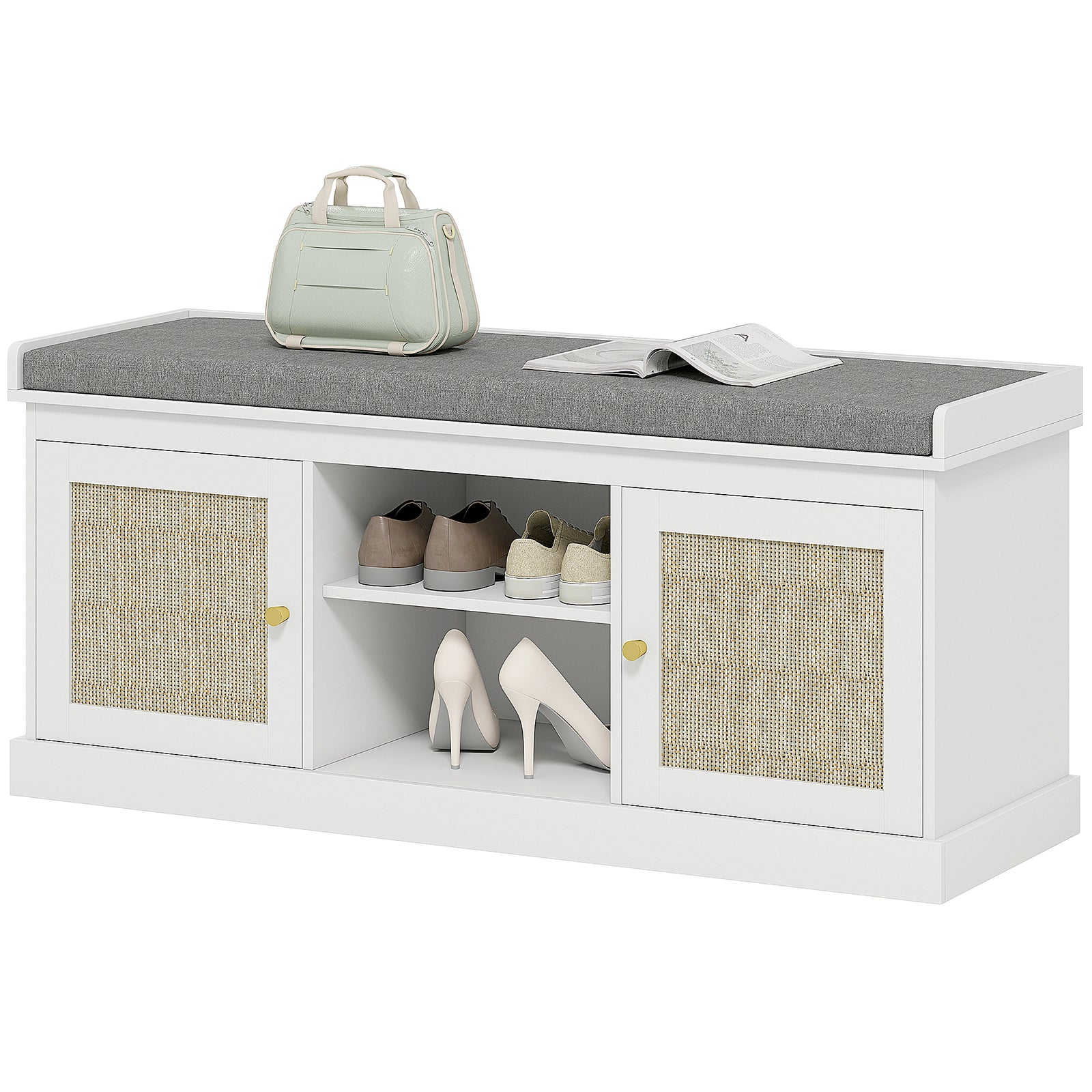 Shoe Bench, Boho Shoe Storage Bench With Padded Cushion, White
