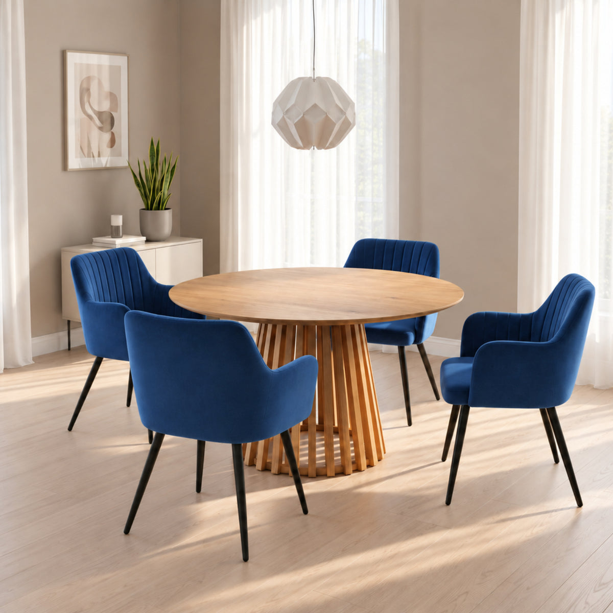 Indoor & Outdoor Living Kayci Round Oak Dining Table With 4 Charlotte Velvet Chairs