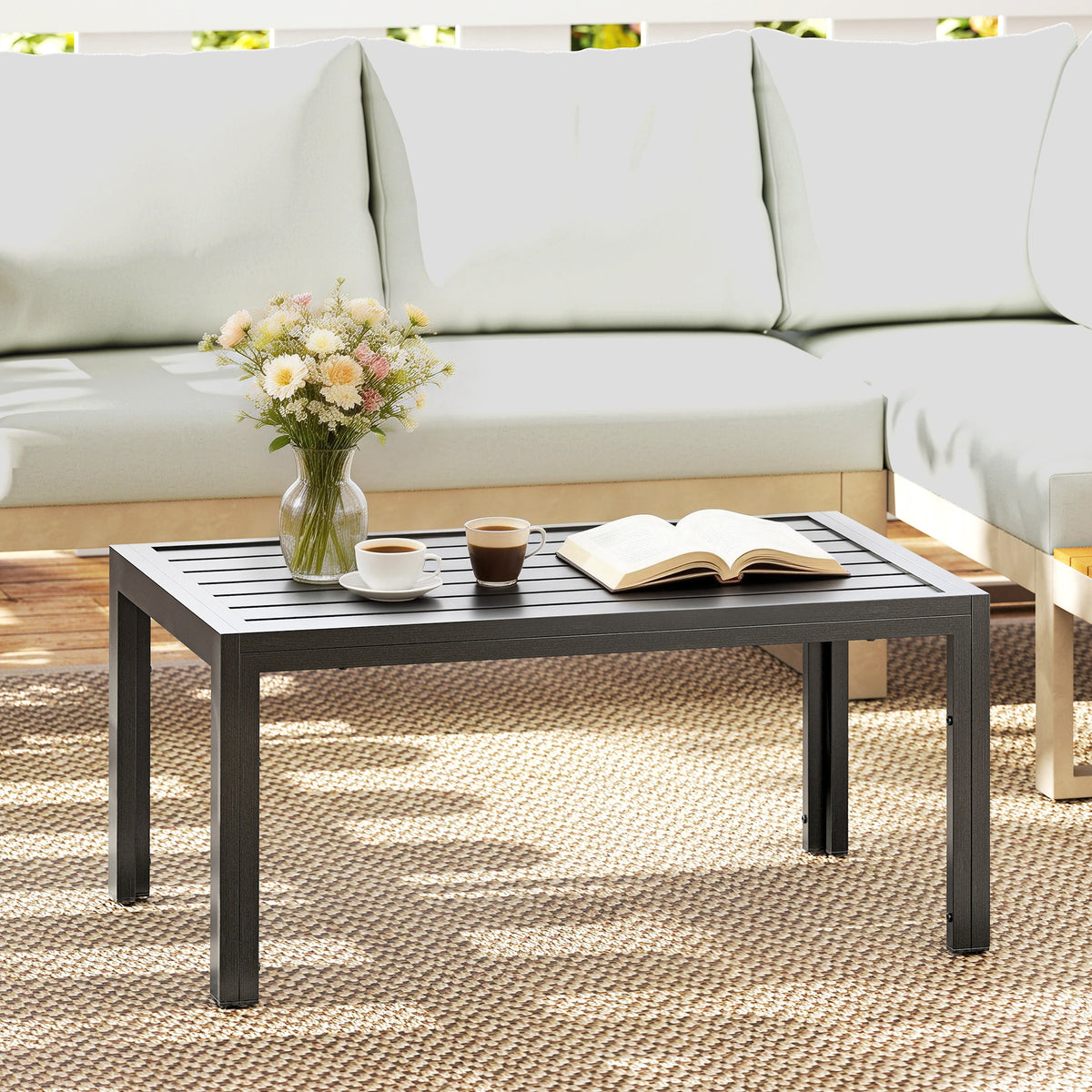 Outdoor Side Table Garden Table With Steel Frame And Slat Top Grey Wood