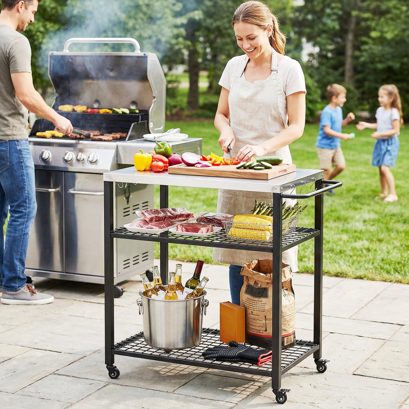Outsunny Outdoor Grill Cart, Movable Food Prep Table With Wheels, Hooks