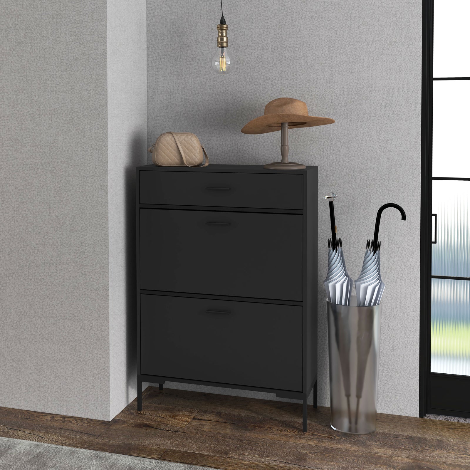 Shoe Storage Cupboard With 2 Flip Doors Sliding Out Drawer | One Size | Black