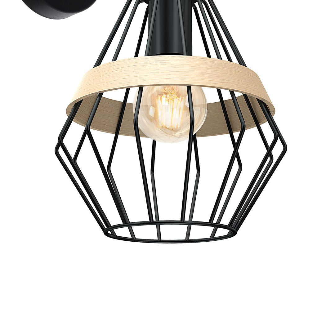 Cliff Black Wall Lamp 1xe27 Hand Made Matt Black Cage Style Lamps With Natural Wood Detail