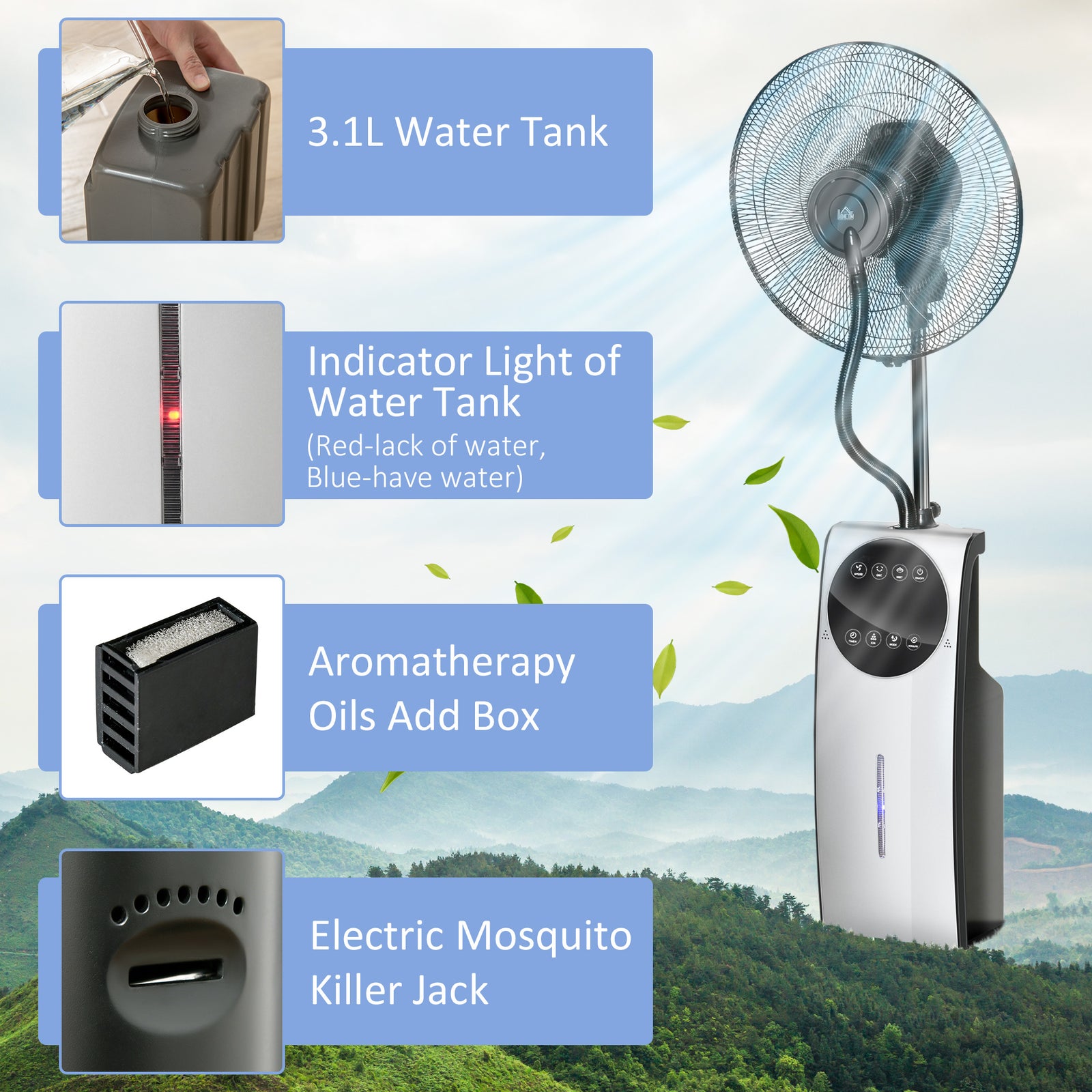 16" Pedestal Fan With Water Mist Spray, 3.1l Tank