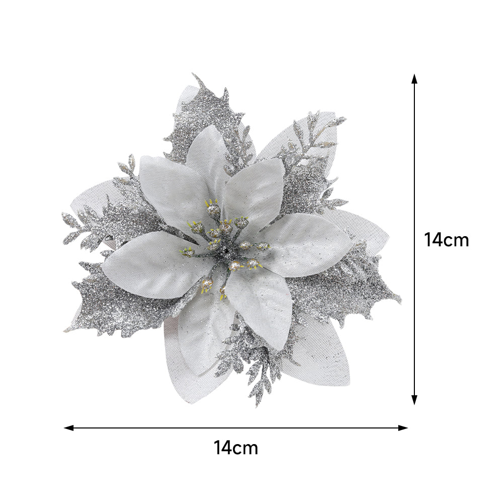 24 Pieces Artificial Christmas Tree Flowers Xmas Festive Poinsettia Flowers Ornament Set | Silver