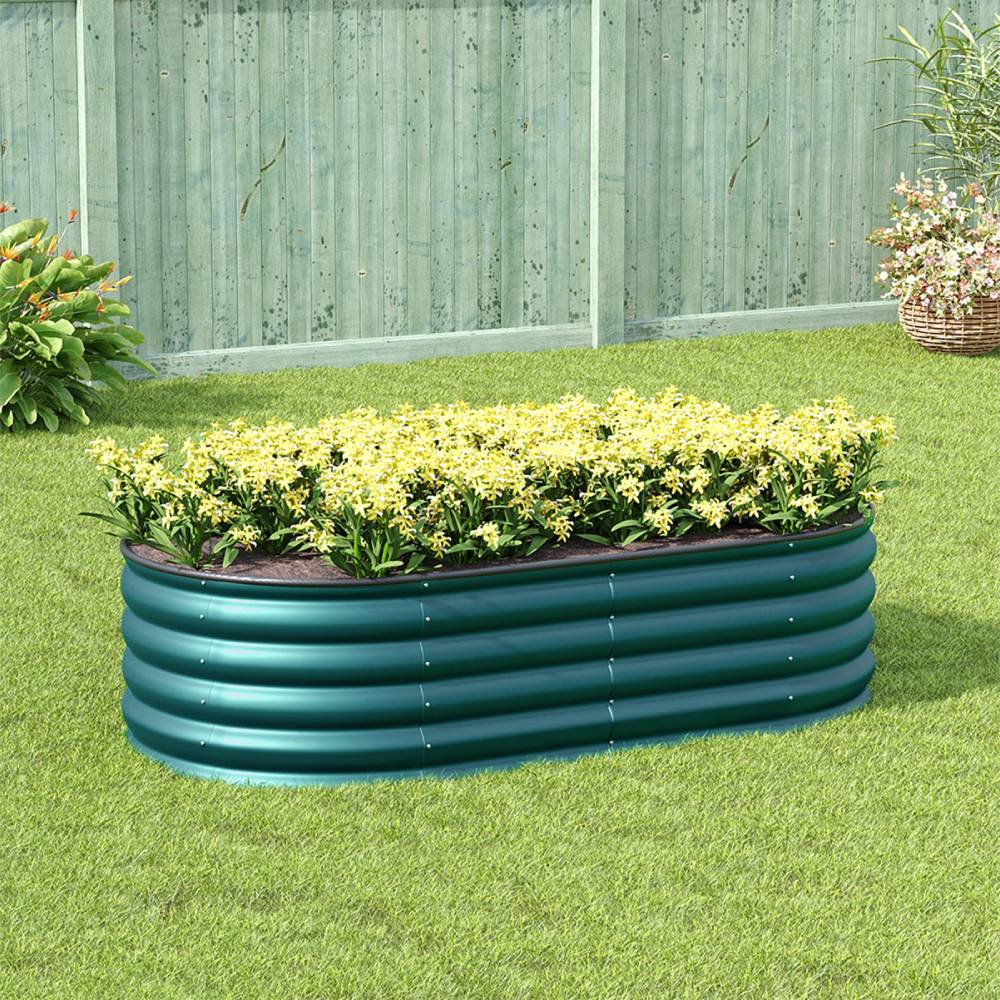 160/240cm W X 80cm D X 42cm H Green Raised Garden Bed With Safety Edging & Ground Stakes Oval-shaped Galvanised Steel Raised Garden Bed | Small | Dark Green
