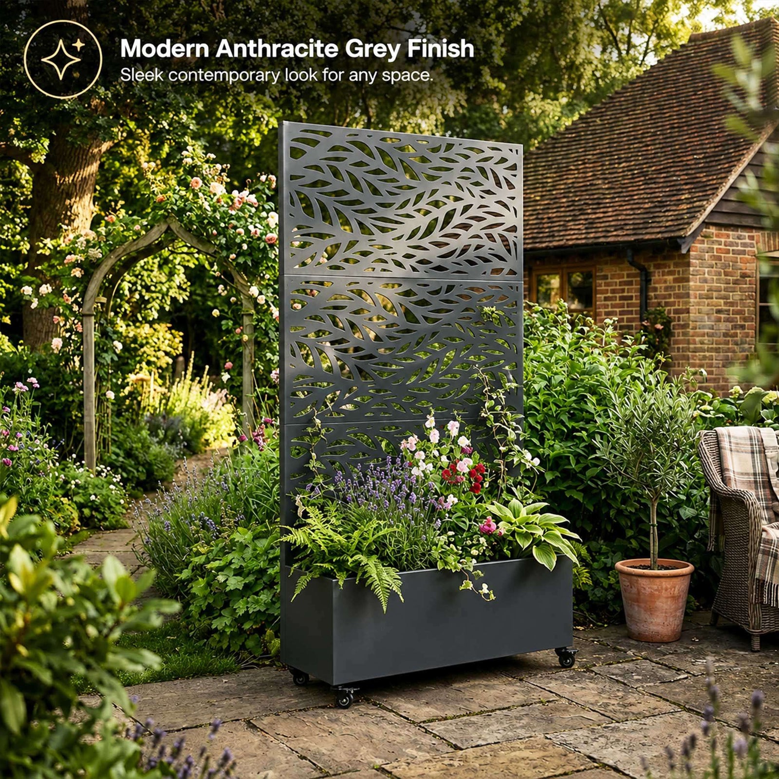 Metal Privacy Screen With Plant Pot - Leaf | Anthracite Grey