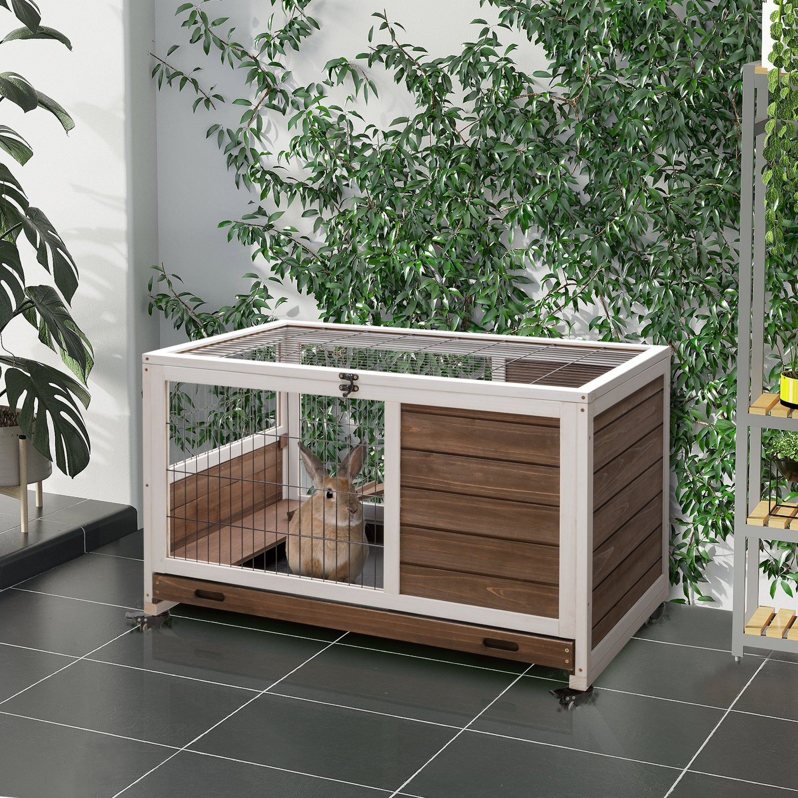 Wood Indoor Rabbit Hutch Elevated 2-floor Guineas Pigs Cage W/ Wheels | Brown