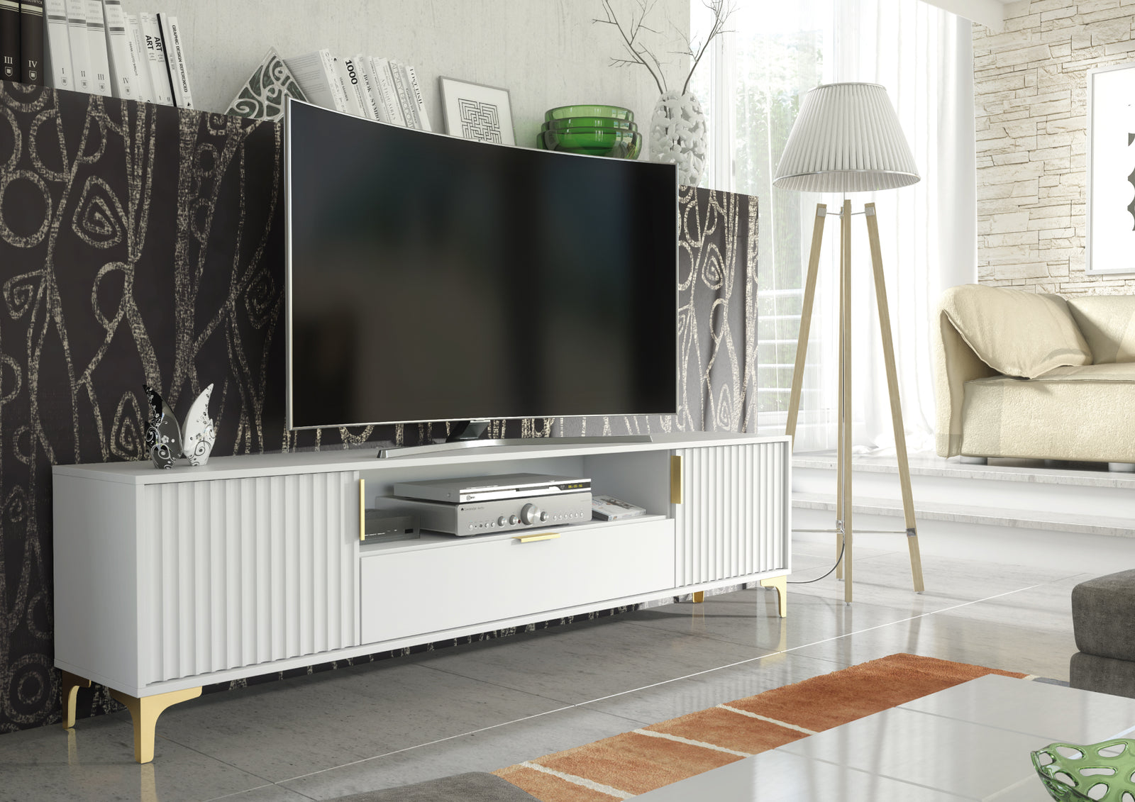 Tide Crest Gold Tv Unit 200cm - Fluted Design | White