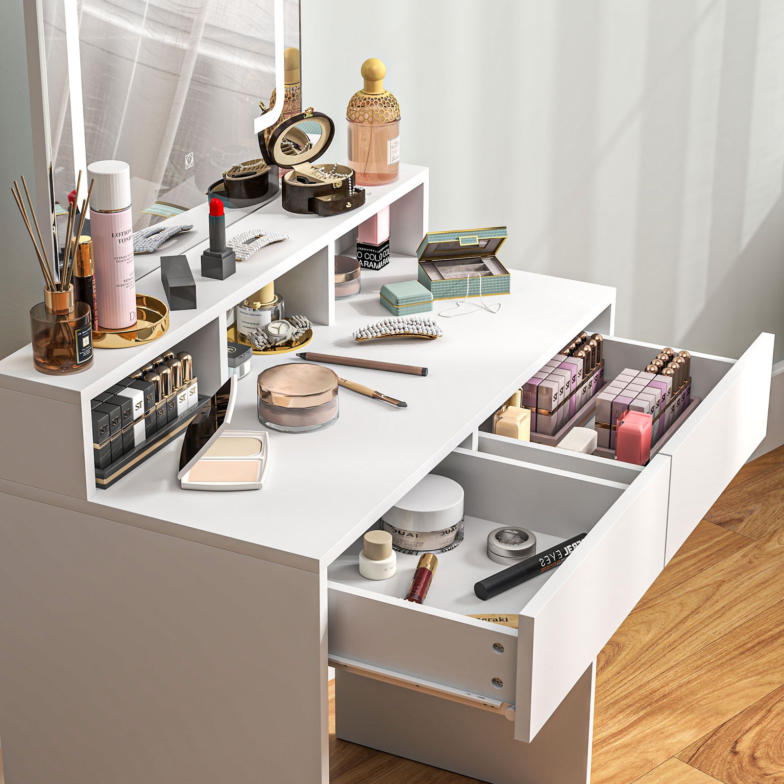 HOMCOM Dressing Table With Mirror, Led Lights, Drawers, For Bedroom, White