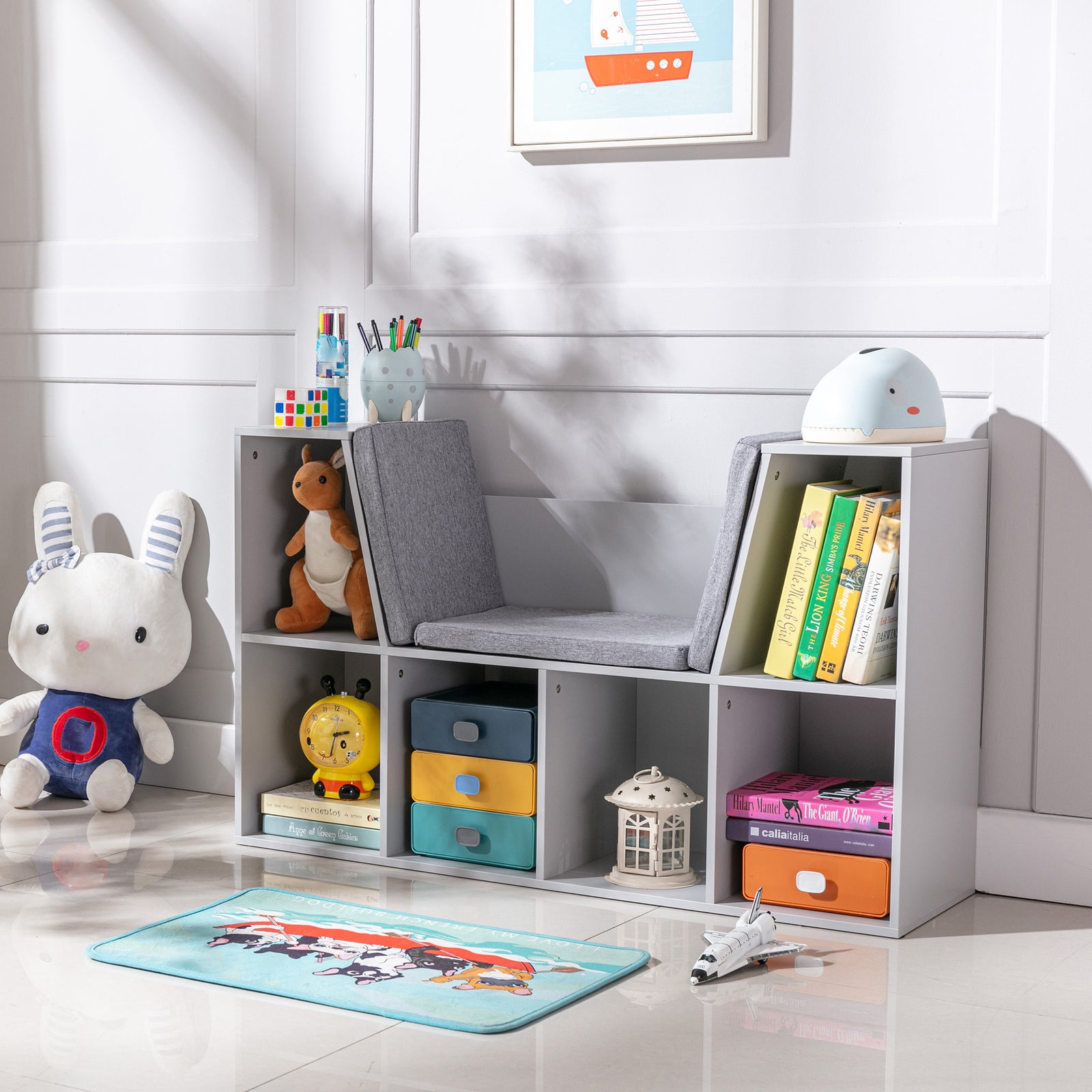 Kids Cabinet W/ Six Compartments For Toys, Clothes, Books - Grey