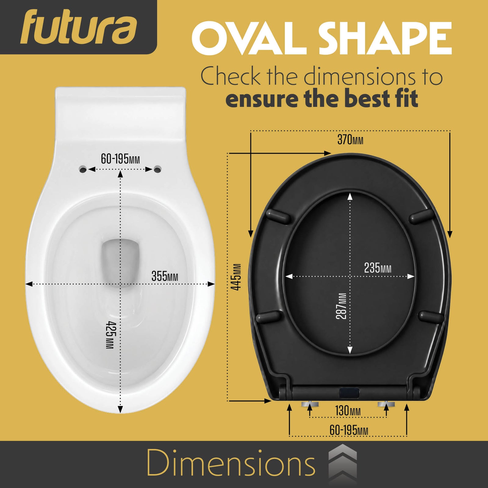 Toilet Seat Soft Close Oval Shape, Premium Thermoplastic, Quick Release, Top & Bottom Fixings | Black