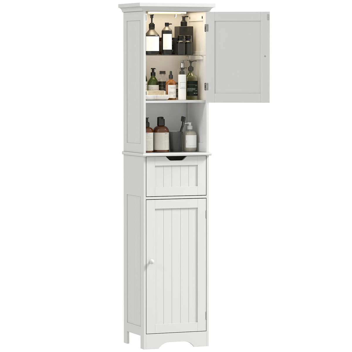 HOMCOM 170cm Tall Bathroom Storage Cabinet With Led Light, Adjustable Shelf
