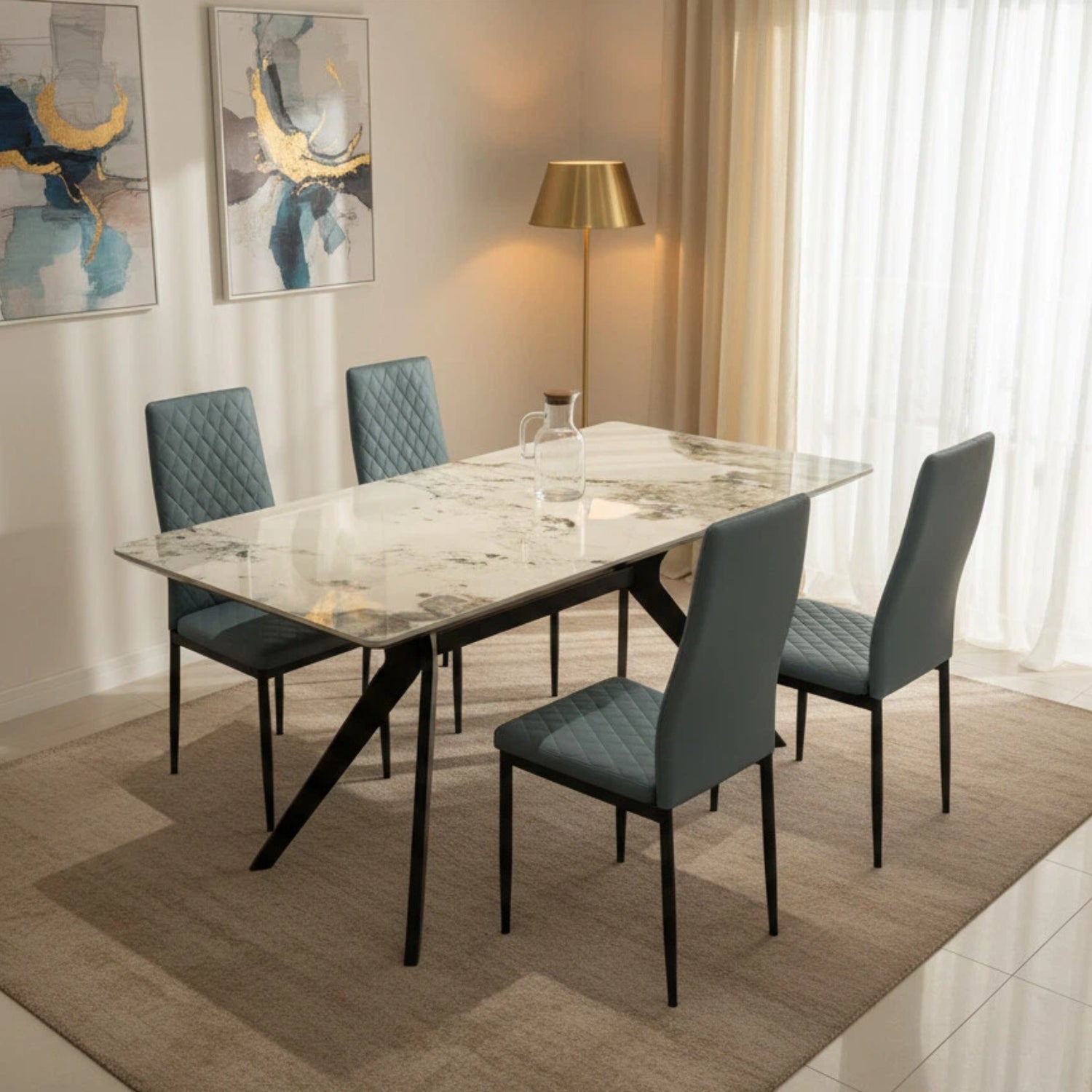 San Diego Marble Top Dining Table With Emily Leather Chairs | Grey