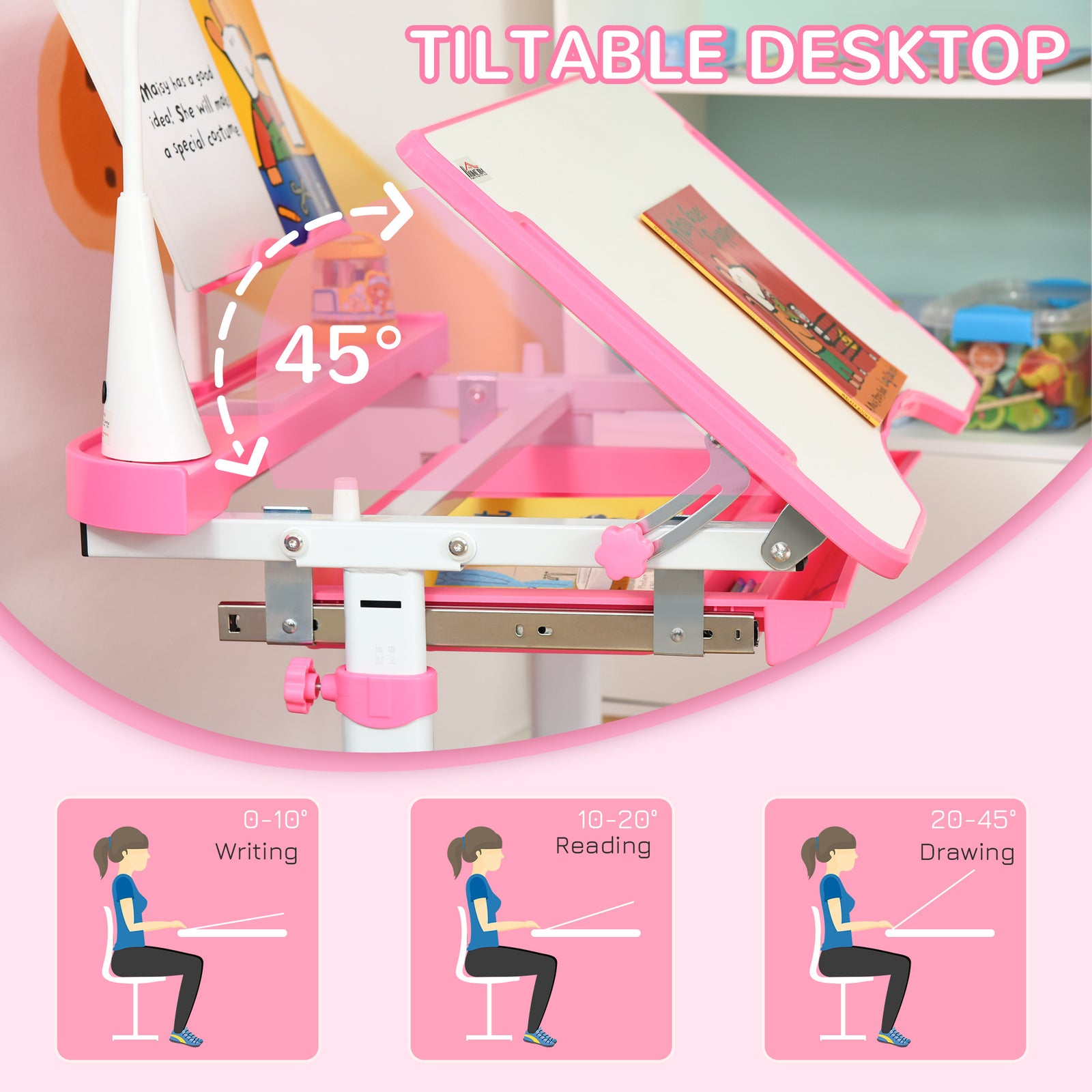 Kids Study Desk And Chair Set W/ Usb Lamp, Adjustable Height | Pink
