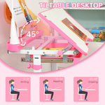 Kids Study Desk And Chair Set W/ Usb Lamp, Adjustable Height | Pink