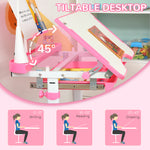 Kids Study Desk And Chair Set W/ Usb Lamp, Adjustable Height | Pink