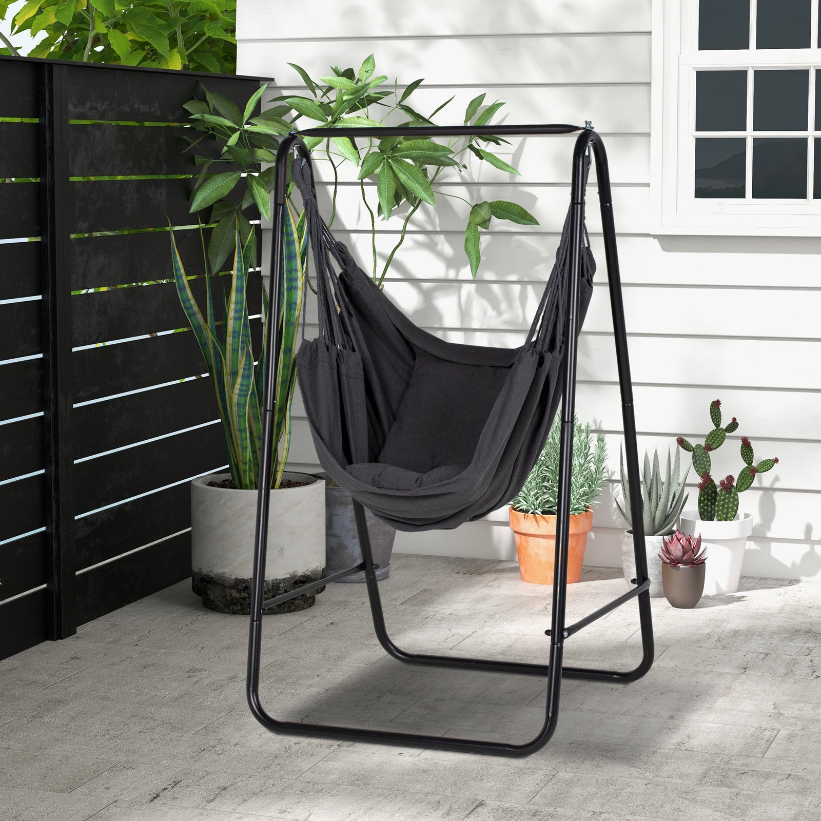 Patio Hammock Chair With Stand,  Cushion, Armrest, Hooks | Dark Gray