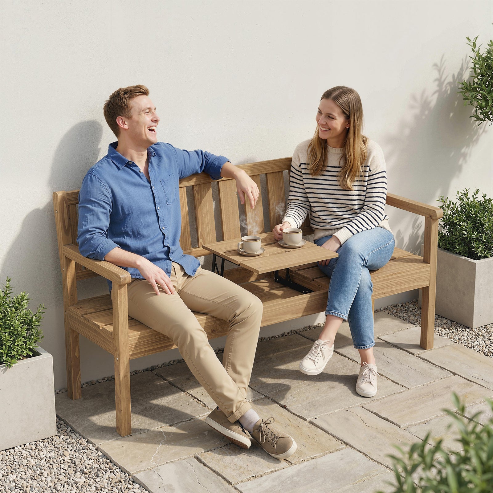 Wooden Garden Bench With Table And Hidden Shelf, Teak