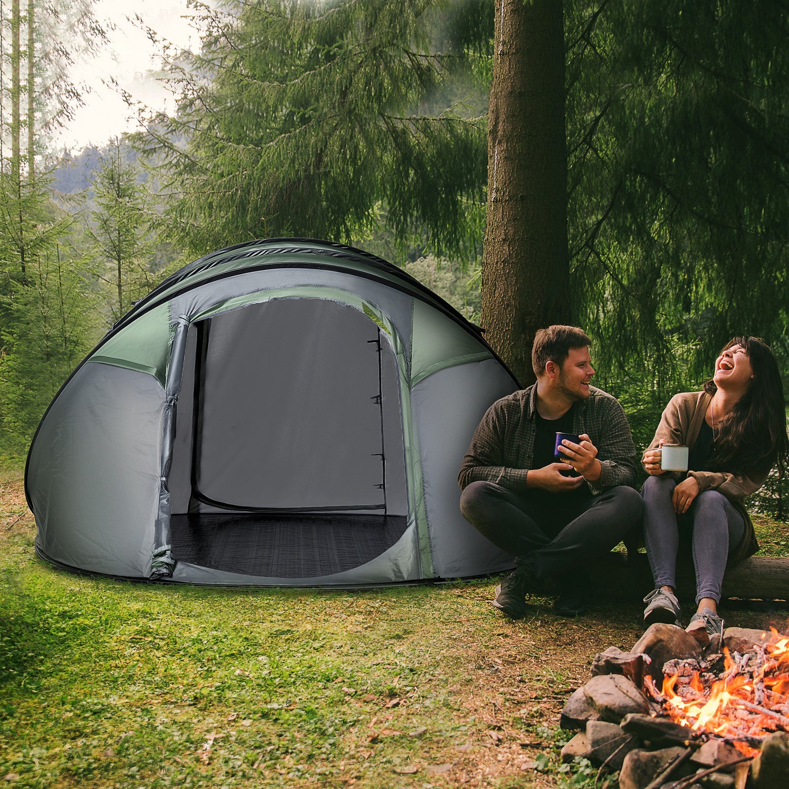 4-5 Person Camping Tent Dome Pop-up Tent  With Windows | Dark Green