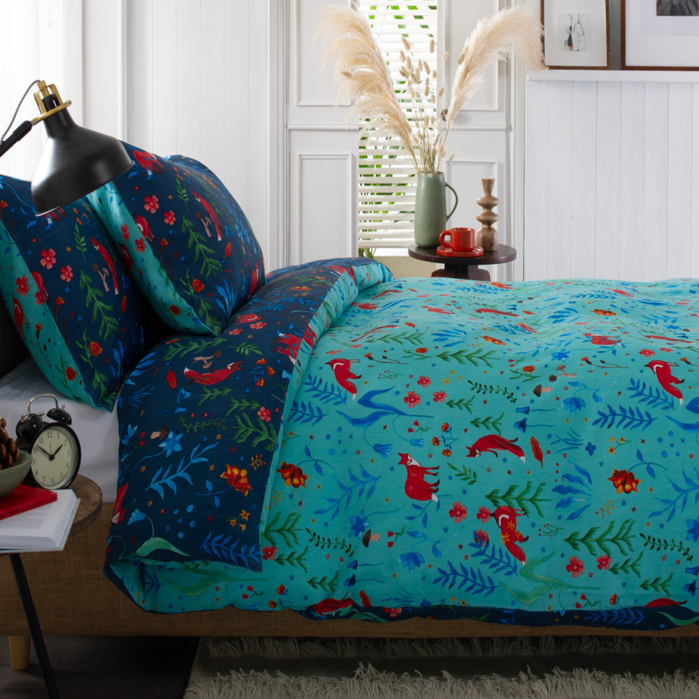 Fox And Floral Cotton Rich 200 Thread Count Reversible Duvet Cover Set | Single | Navy Blue