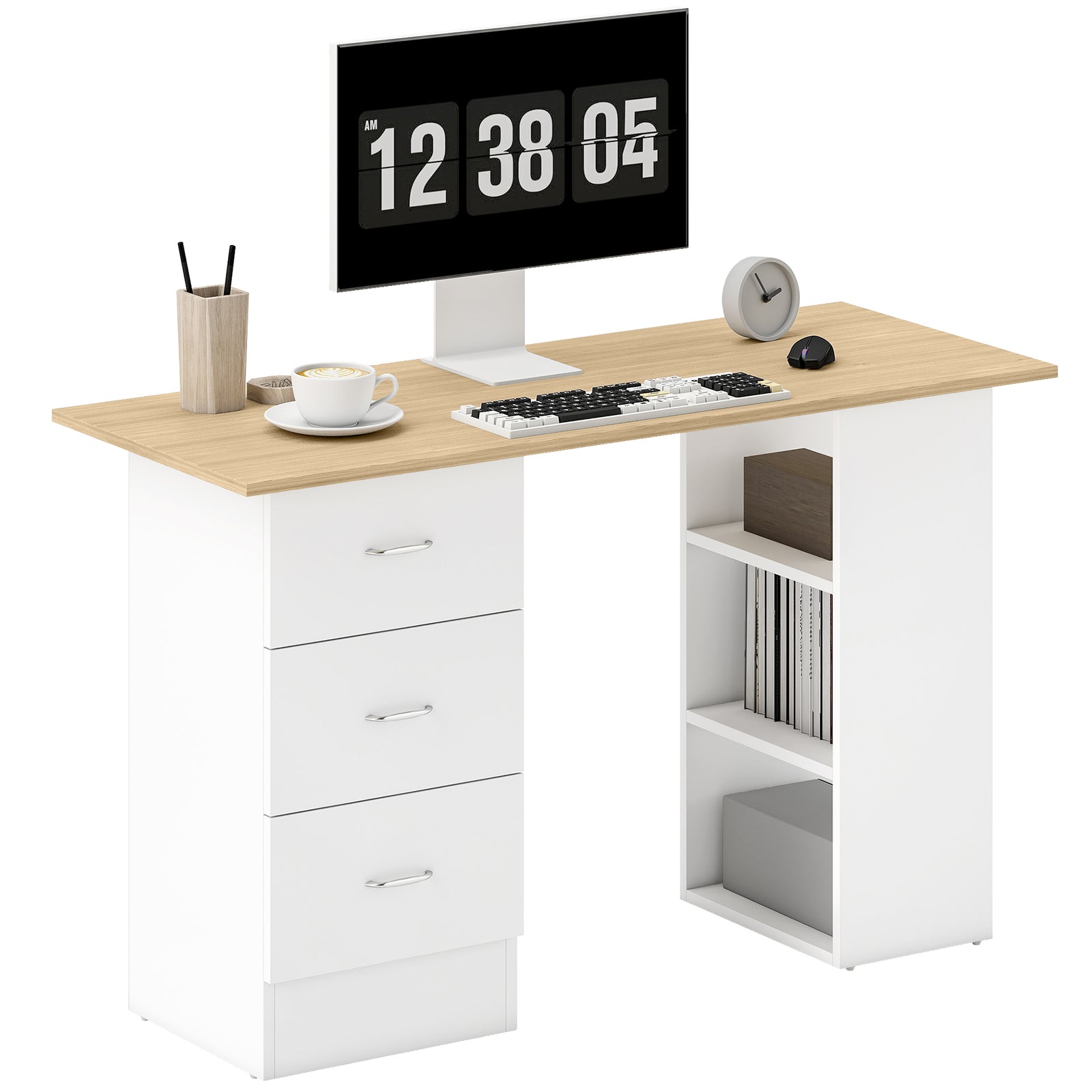 120cm Computer Desk, Study Table With 3 Shelf & Drawers | Natural