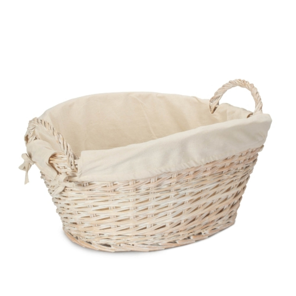 Wicker White Wash Oatmeal Cotton Lined Laundry Basket | Gray
