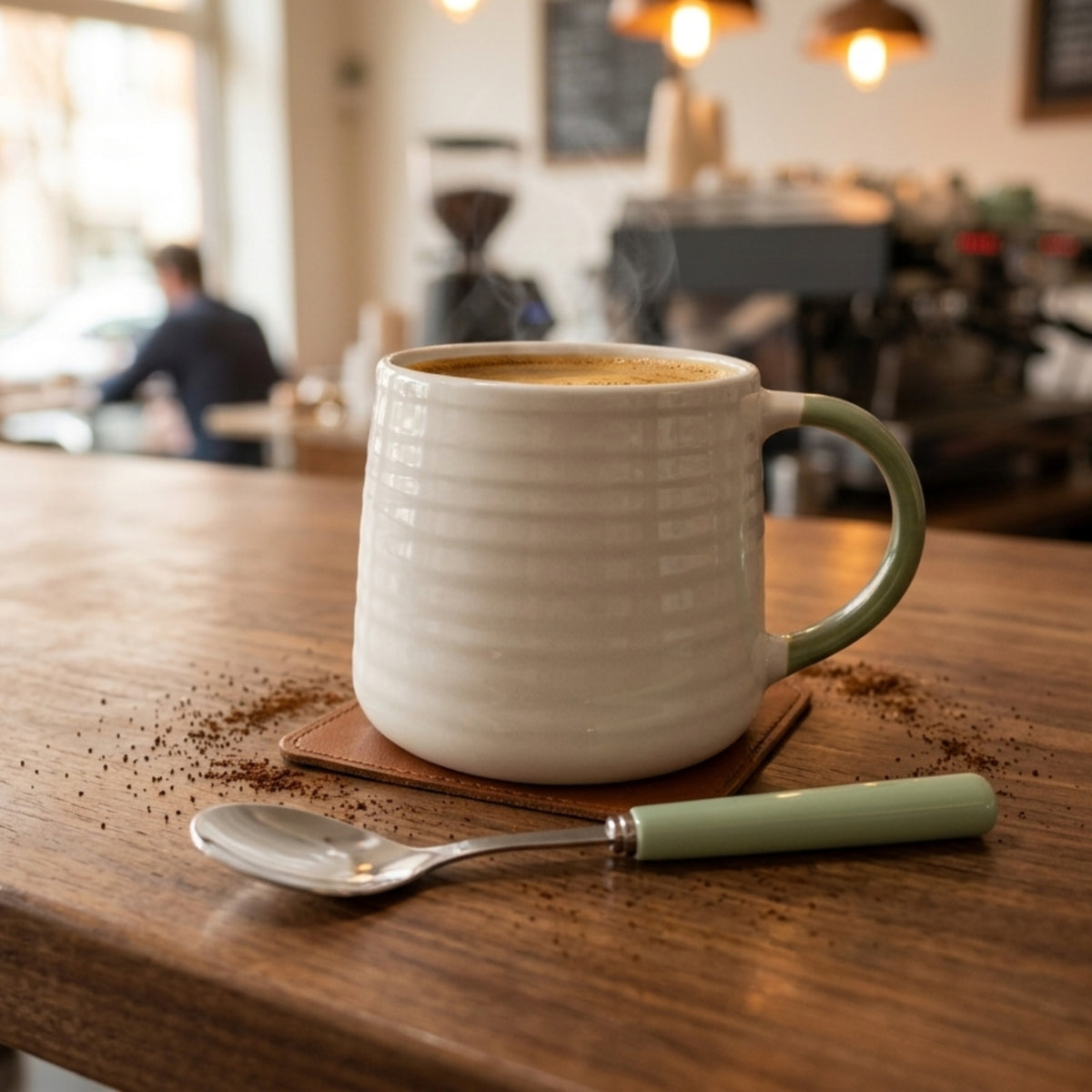 Ceramic Coffee Tea Mug 13oz Ribbing Textured Colour Painted Handle | Set of 2 | Green