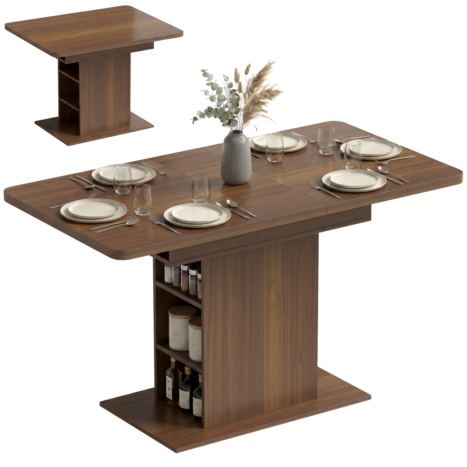 Extendable Dining Table For 4-6, Kitchen Table With Shelves | Brown