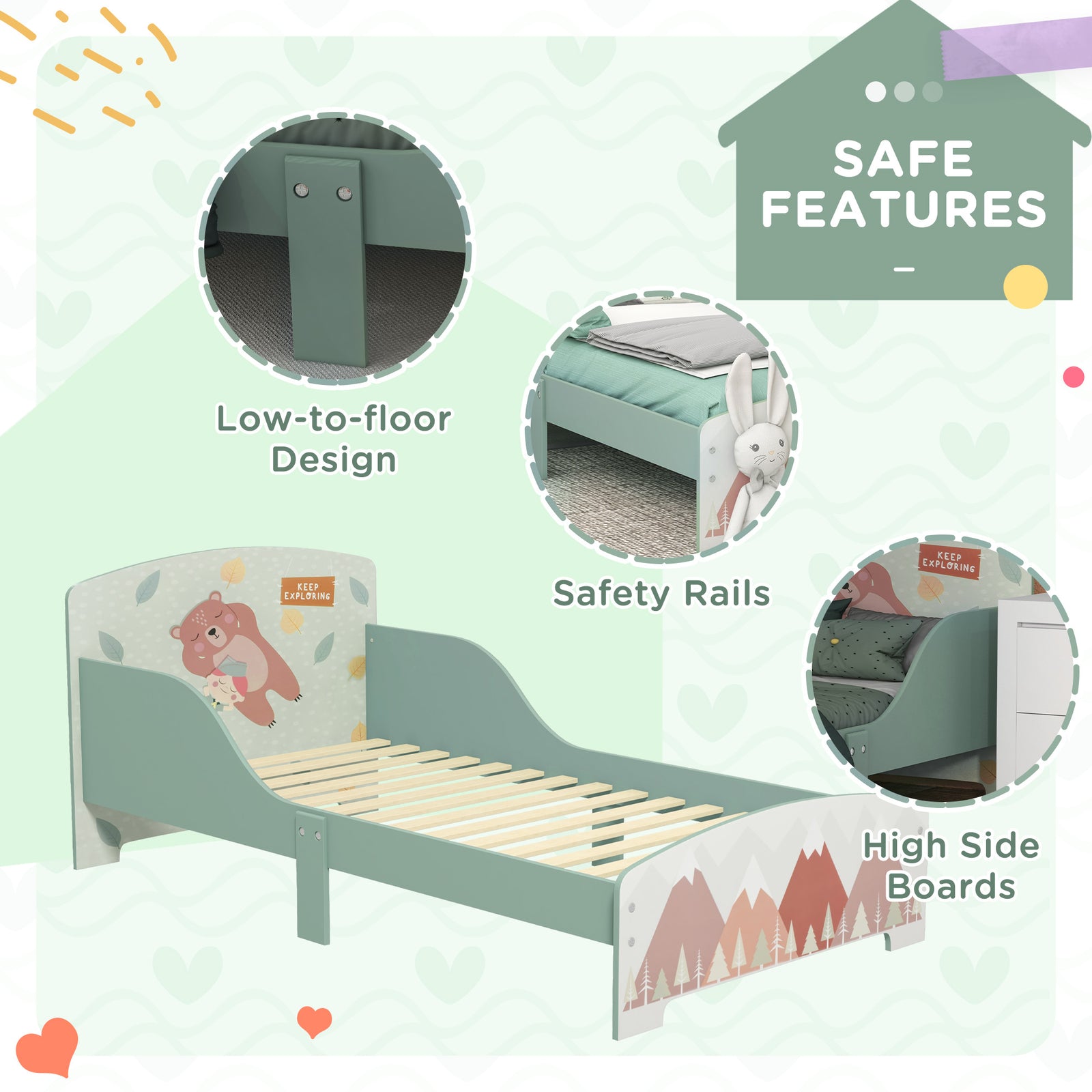 Toddler Bed Frame, Kids Bedroom Furniture For Ages 3-6 Years | Green