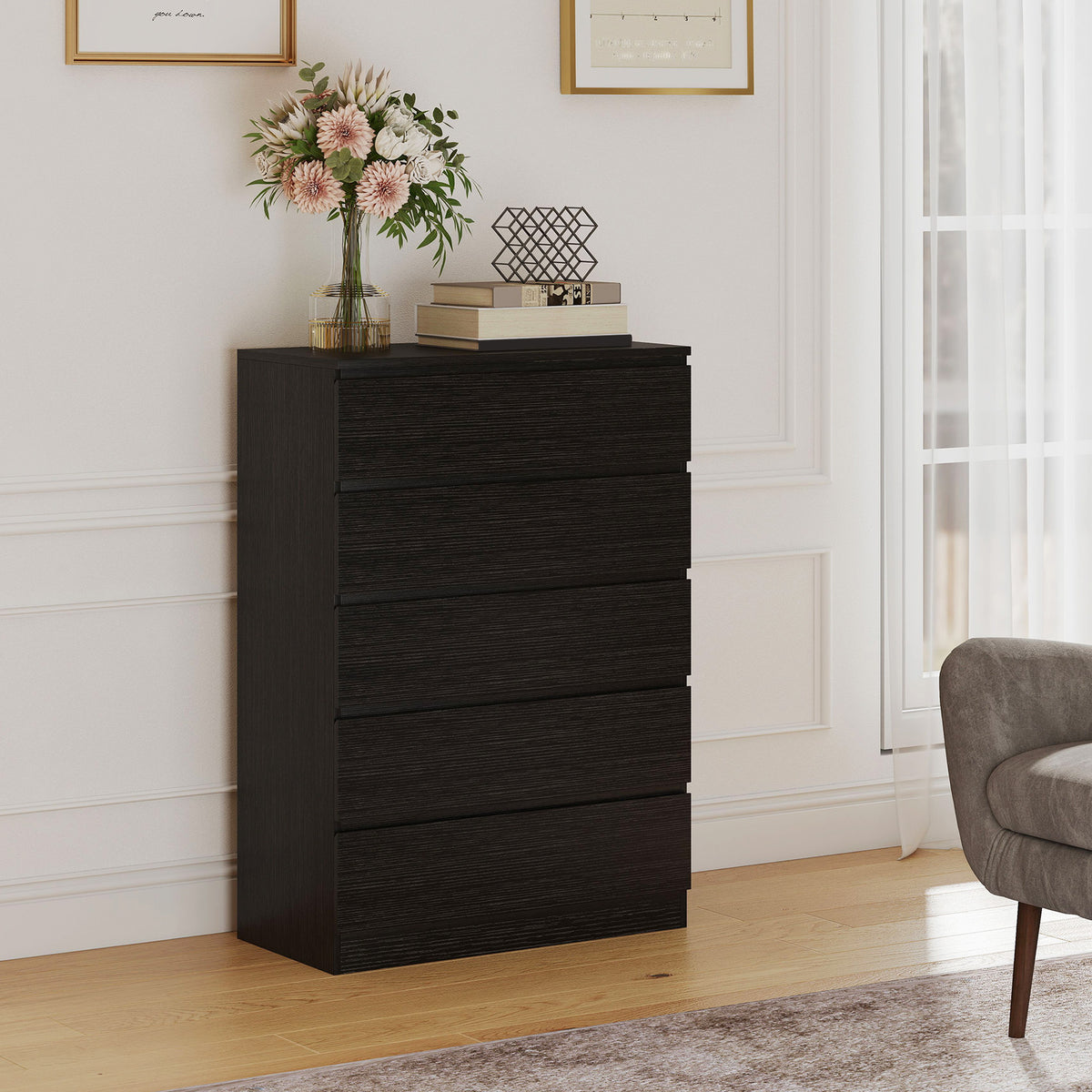 HOMCOM Chest Of Drawers With 5 Drawers, Modern Dresser For Bedroom, Black