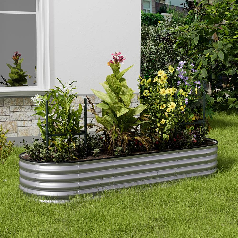 Garden Bed Oval-shaped Galvanized Steel Raised  Galvanized Planter Box Garden Planter With Metal | Medium | Galvanized Silver