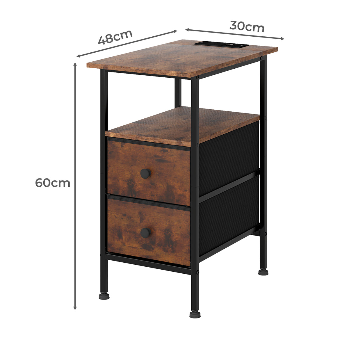 Bedside Table Side Cabinet Storage Nightstand Charging Station 2 Drawers | Brown