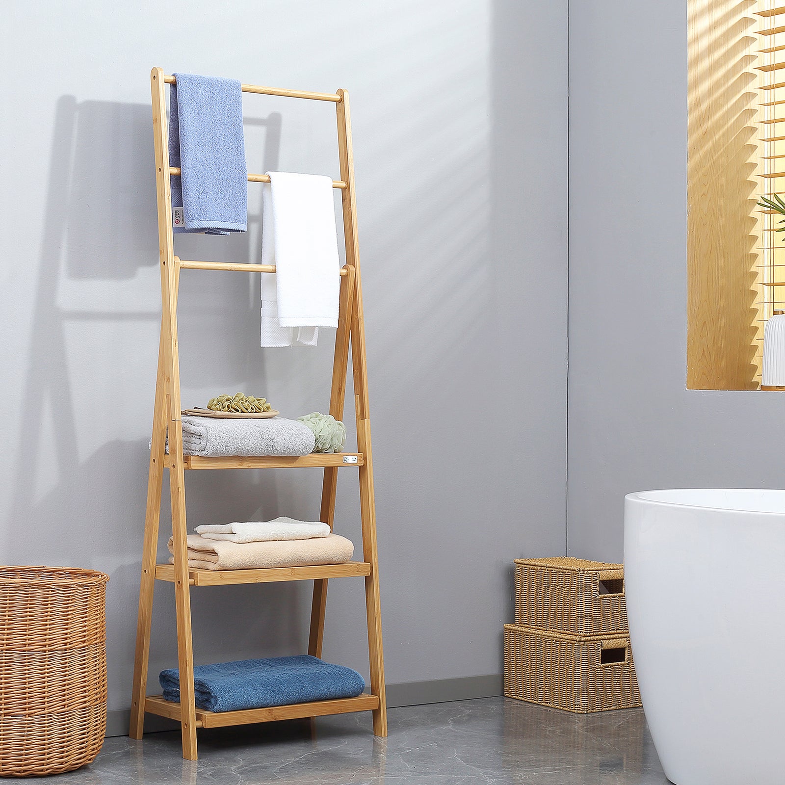 Foldable Natural Bamboo Towel Rack With 3 Towel Rails