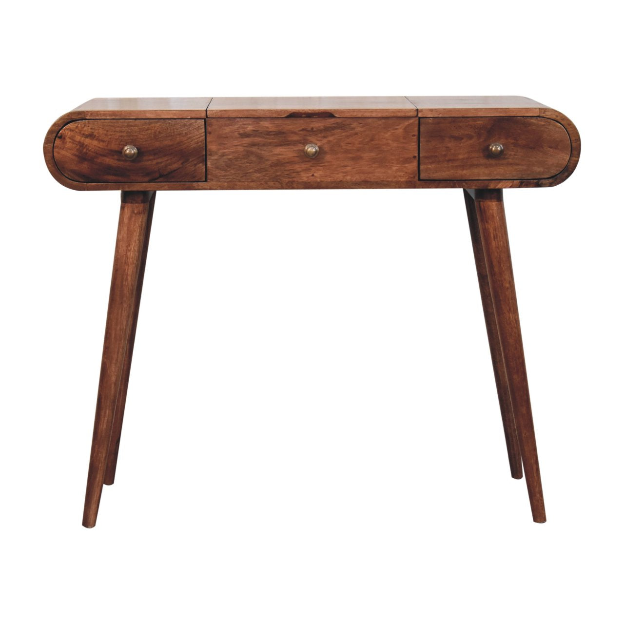 Solid Wood Honey Caramel Round Dressing Table, 3 Drawers And Storage, Dark Brown