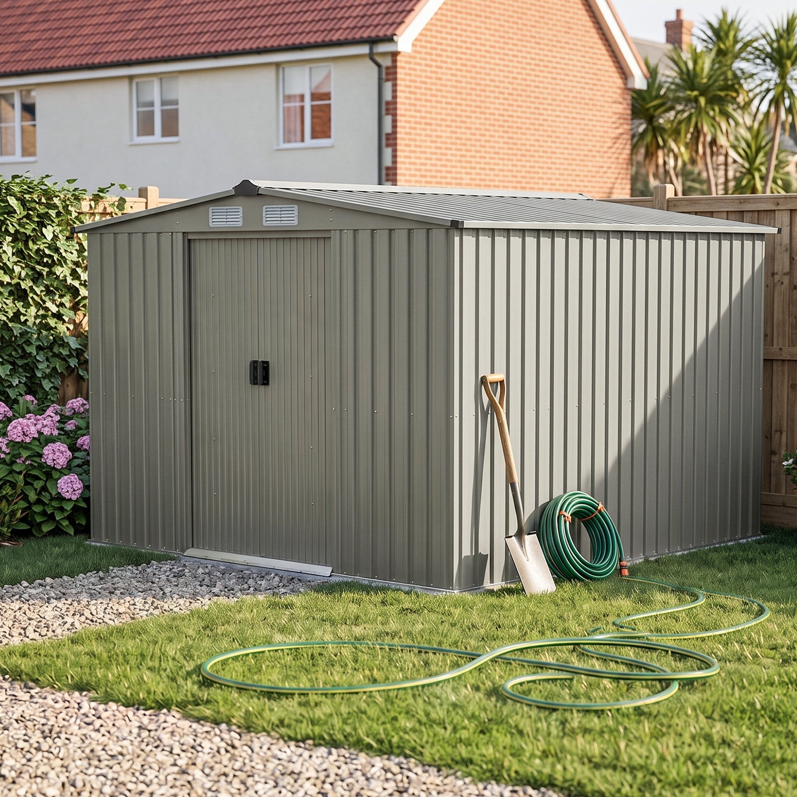 Breeins 8x8FT Apex Roof Metal Garden Storage Shed with Sliding Door