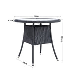 Round Wicker Patio Table With Black Tempered Glass Top With 51mm Umbrella Hole & Transparent Cap 80cm Dia X 72cm H | Black
