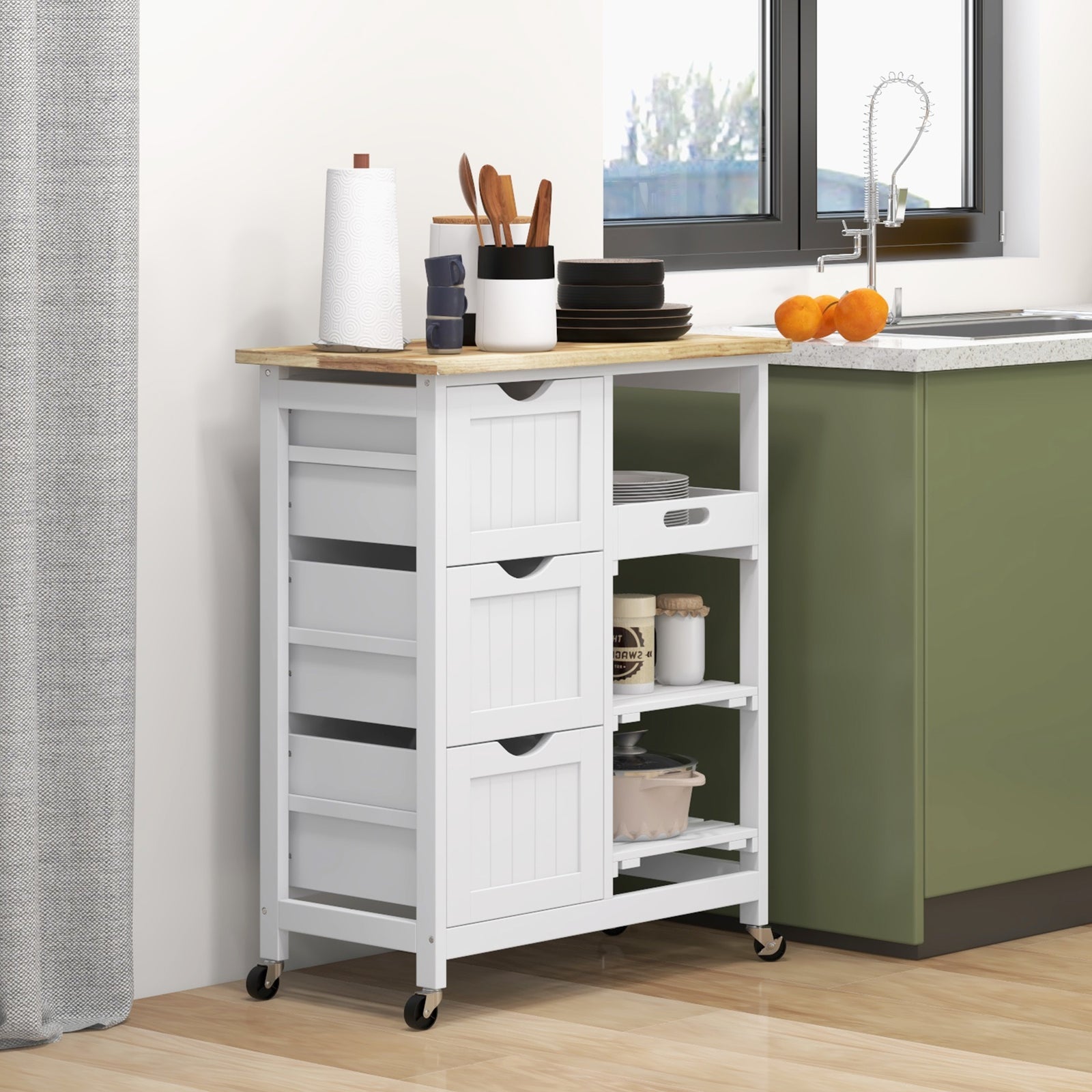 Compact Bar Trolley With Wood Top, Drawers