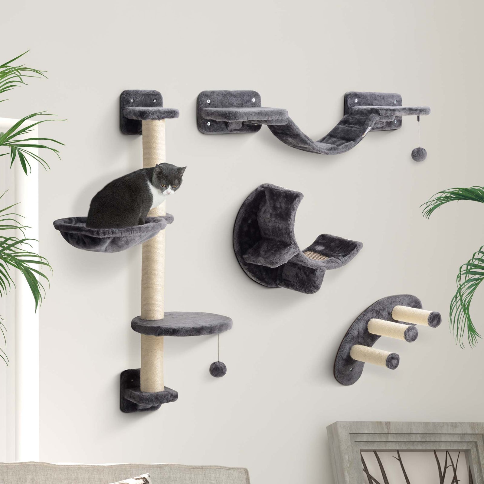 4-piece Cat Wall Furniture W/ Hammock, Ladder, Platforms - Dark Grey | Dark Grey