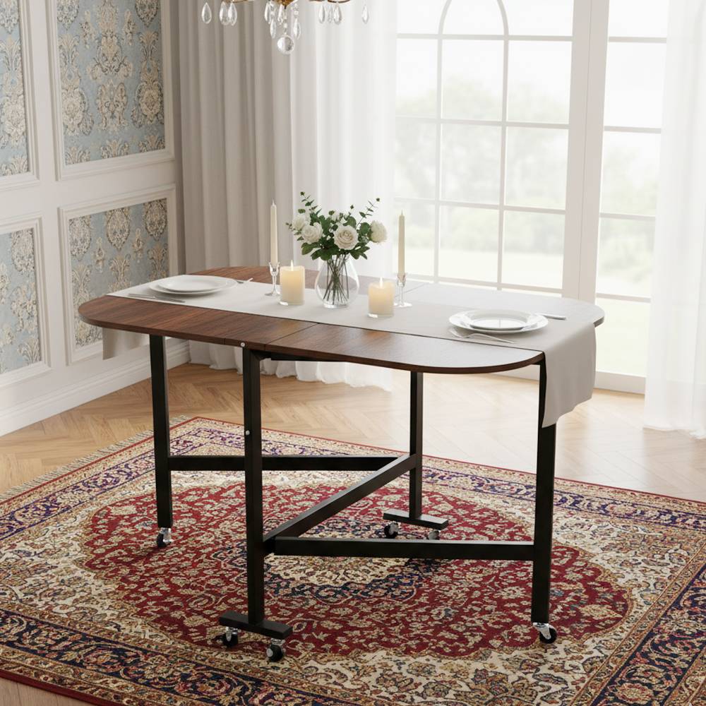 Folding Drop Leaf Table With 6 Wheels | Dark Brown