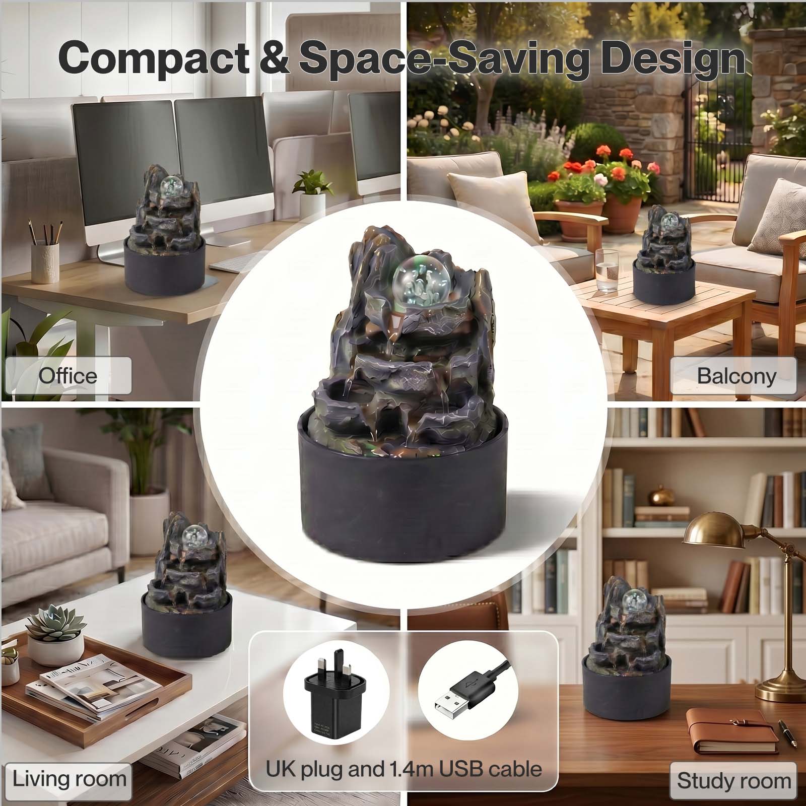 Spector Water Feature Indoor Fountains Rotating Glass Ball Led Light Resin Grey Brown