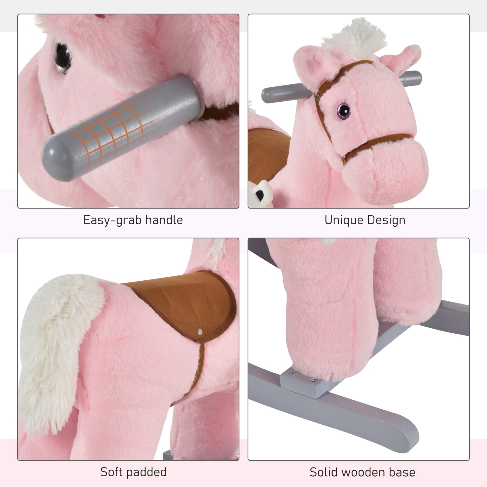 Kids Plush Ride-on Rocking Horse With Plush Toy Sound Handle Grip | Pink
