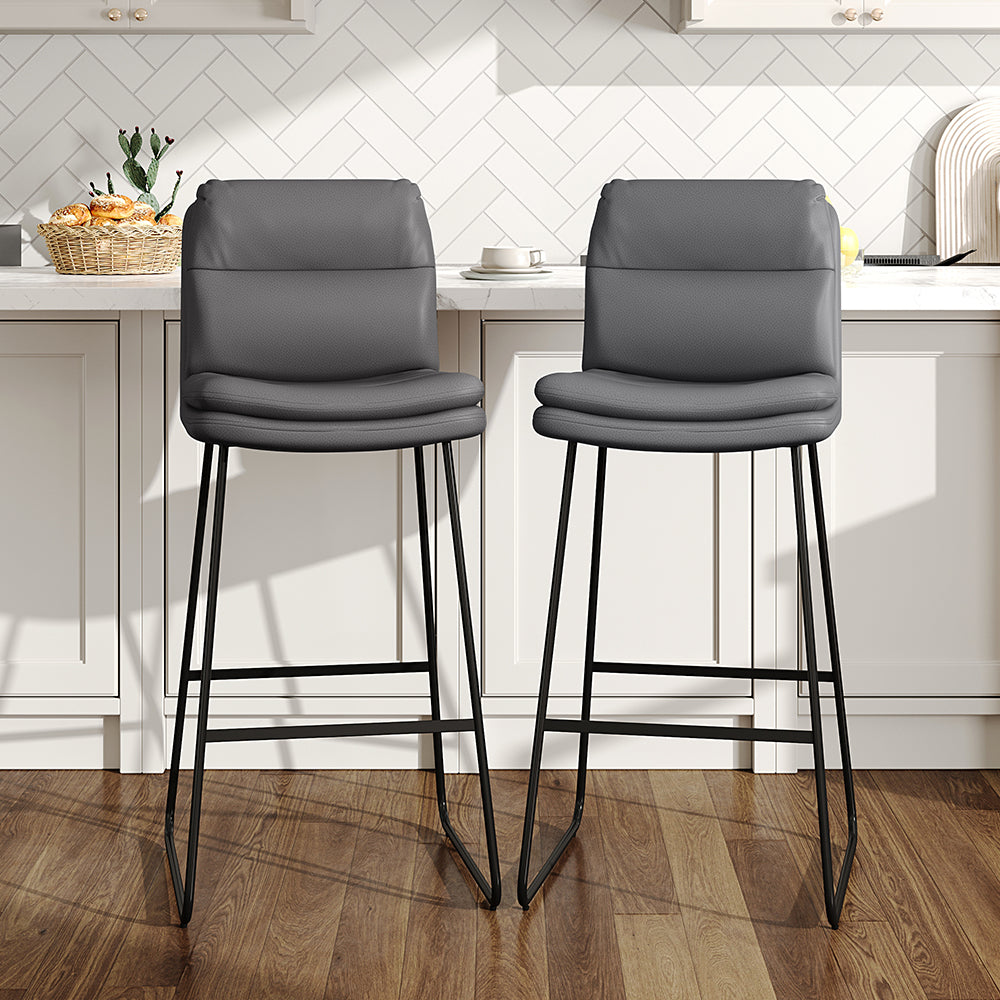 Set Of 2 Pu Leather Bar Stools – Modern Counter Chairs With Double-layer Cushion & Black Metal Legs | Grey