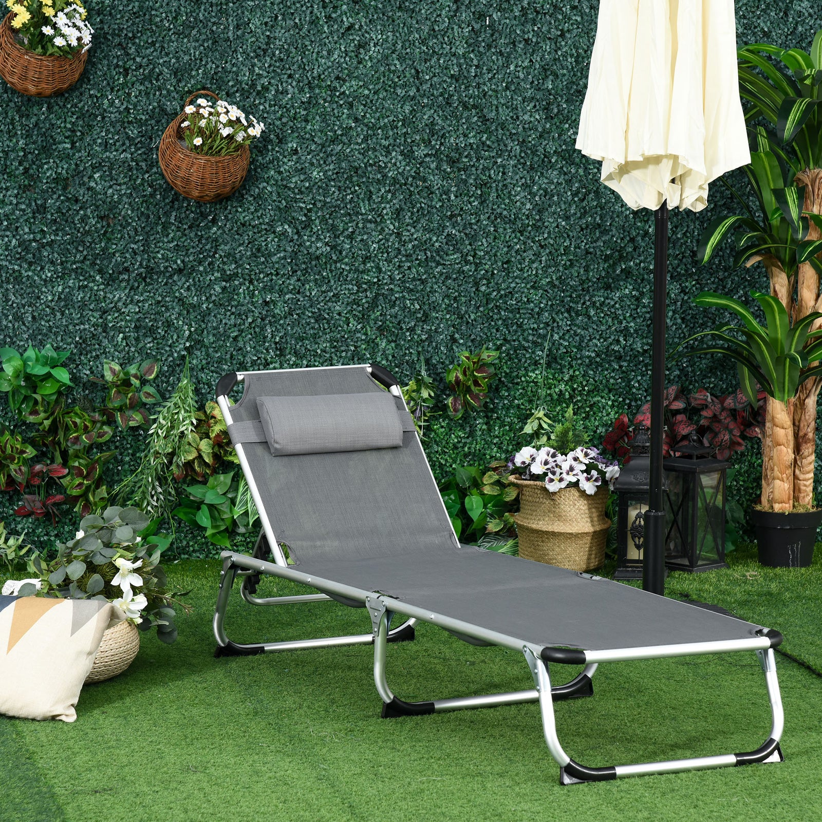 Folding Outdoor Lounger W/ Pillow | Dark Gray