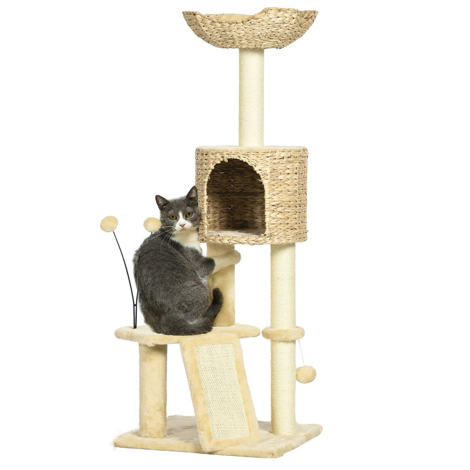 116cm Cat Tree Tower W/ Scratching Post, Cat House, Ball, Platform, Beige