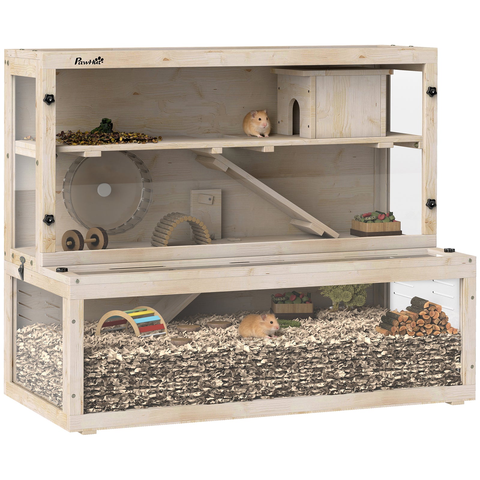 3 Tier Wooden Hamster Cage With Hut, Wheel, Ramps, 100 X 50 X 84 Cm | Natural