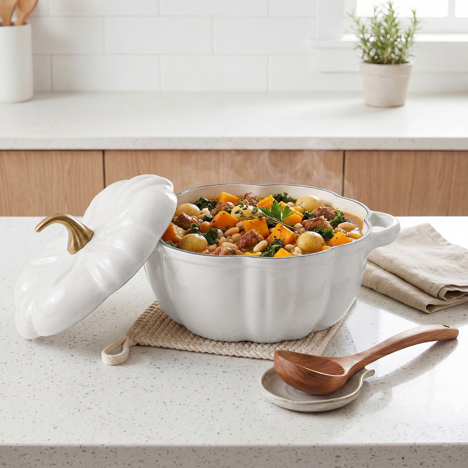 Enamelled Cast Iron Pumpkin Dutch Oven With Lid And Handles | White