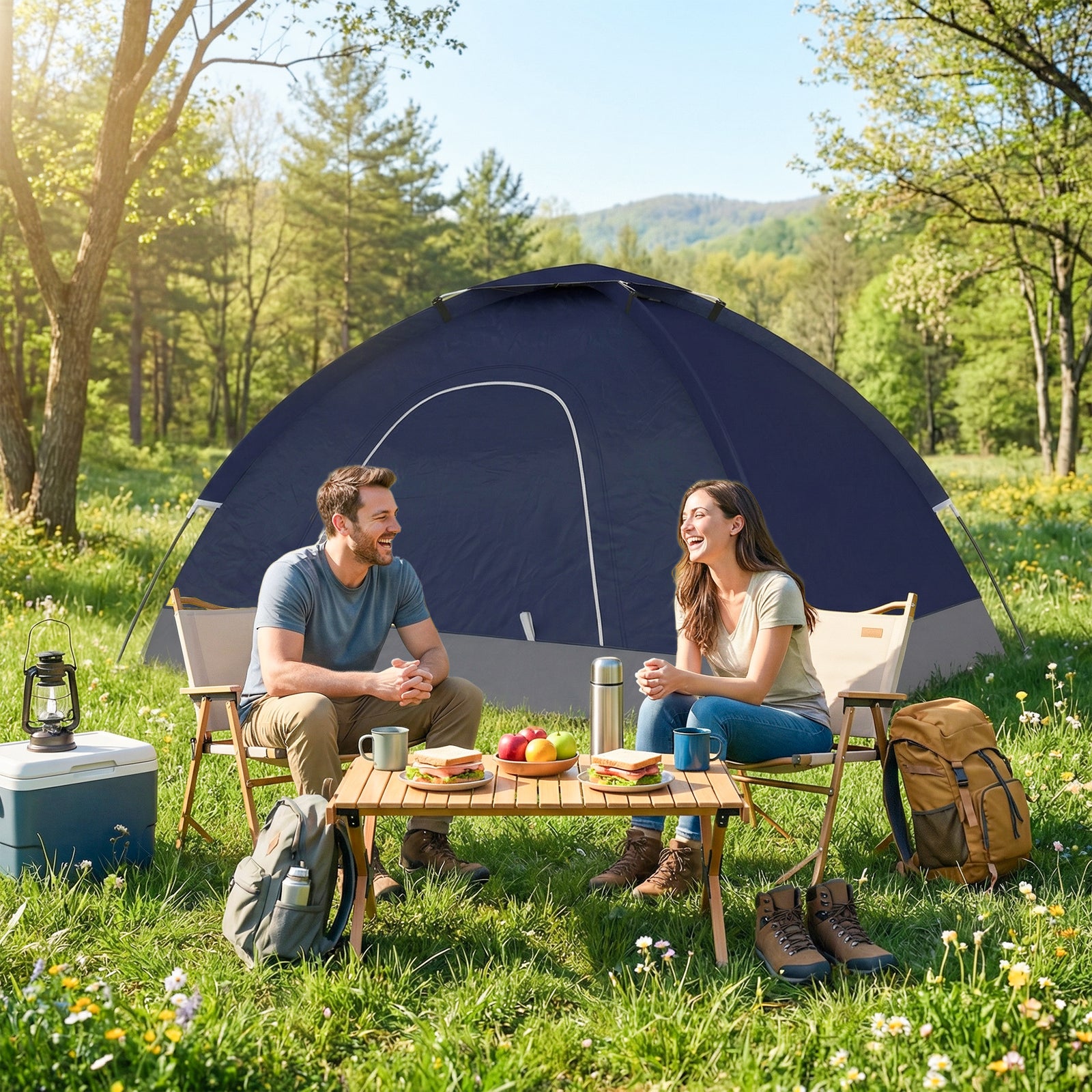 2 Person Camping Tent, Dome Tent With Storage Pocket | Blue